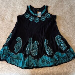 Rina Umbrella Batik Black and Teal Embroidered Midi Dress